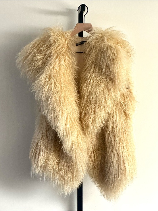 Vintage Jackets & Blazers - Vintage Mongolian Lamb Hooded Vest Coat White Cream Members Only
